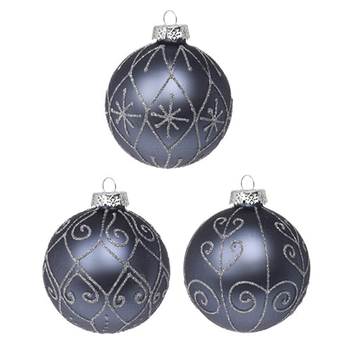 5" Grey Glass w/Glitter Hearts, Stars & Diamond Design Ornament 063001