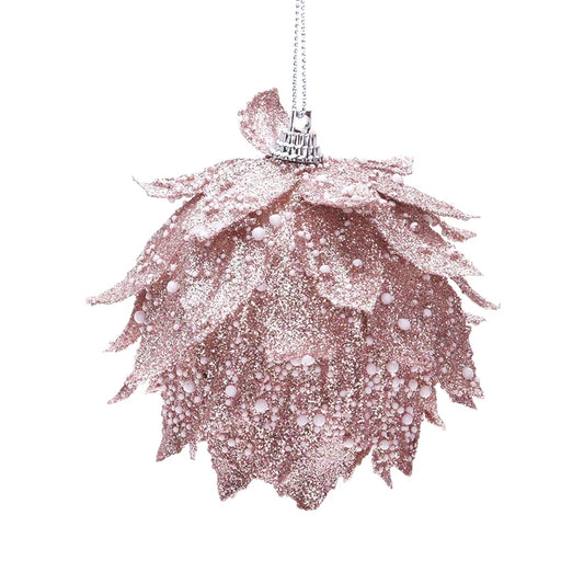 3.5" Pink Leaf Glitter Ball w/white circles Ornaments 058114