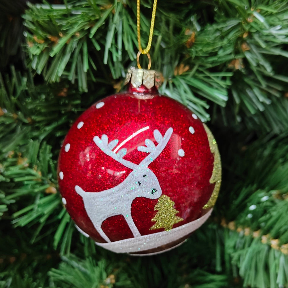 3.5" Red Glass Ball w/Glitter Winter Scene Ornaments