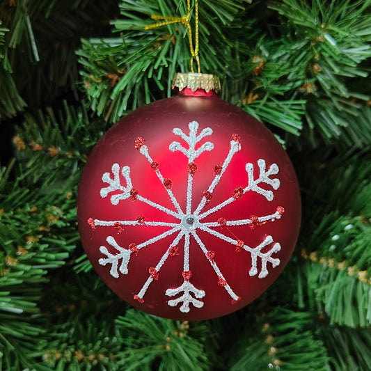 4.5" Red Matte Ball w/Glitter Snowflake & Jewels Ornament 658391