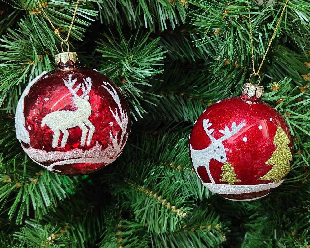3.5" Red Glass Ball w/Glitter Winter Scene Ornaments