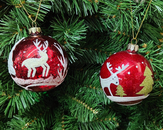 3.5" Red Glass Ball w/Glitter Winter Scene Ornaments