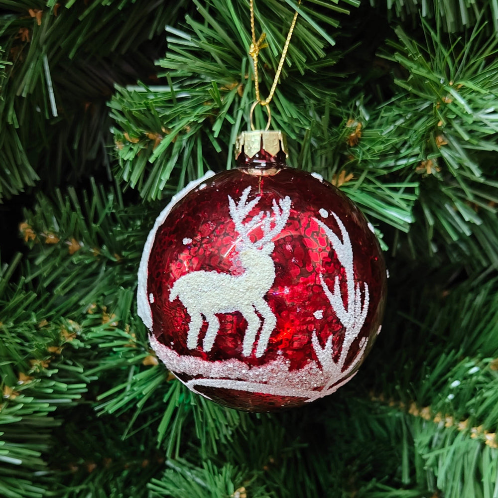 3.5" Red Glass Ball w/Glitter Winter Scene Ornaments