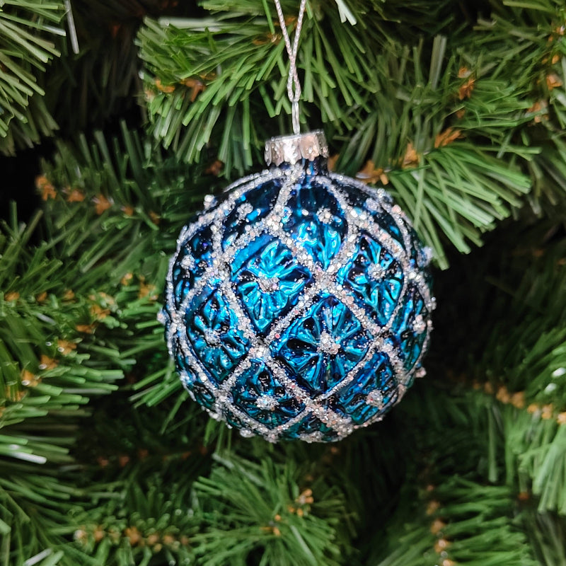 3"-4" Blue Glass Glitter & Jeweled Diamond Design Ball Ornament