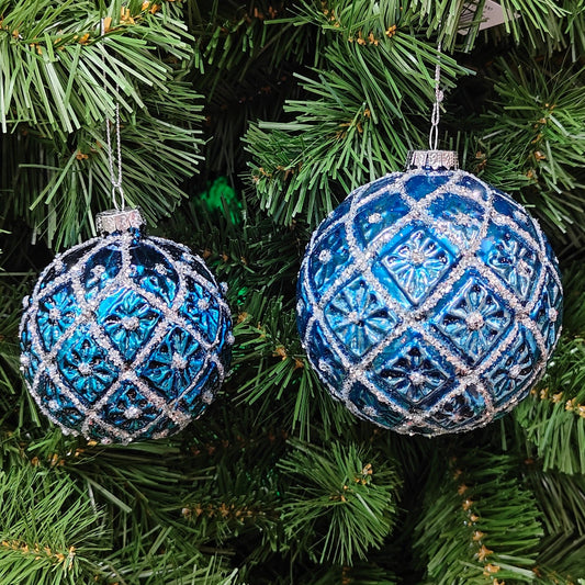 3"-4" Blue Glass Glitter & Jeweled Diamond Design Ball Ornament