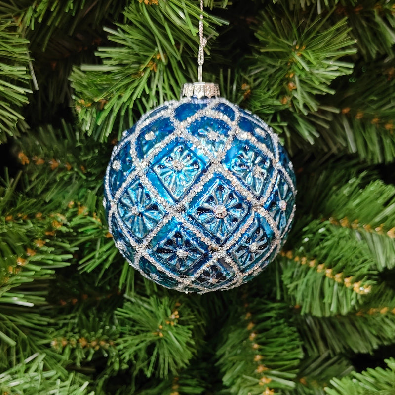 3"-4" Blue Glass Glitter & Jeweled Diamond Design Ball Ornament