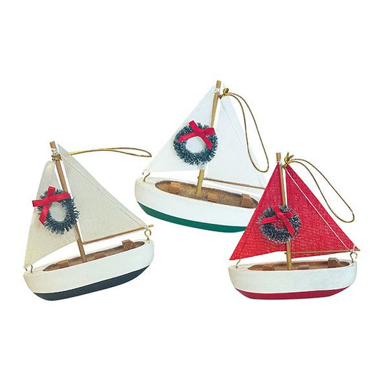 Red, Green & Navy Blue Wood Sailboat Ornaments 864-60