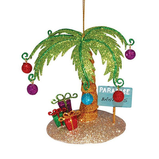 Metal Glitter Palm Tree w/Paradise sign ornament 875-14