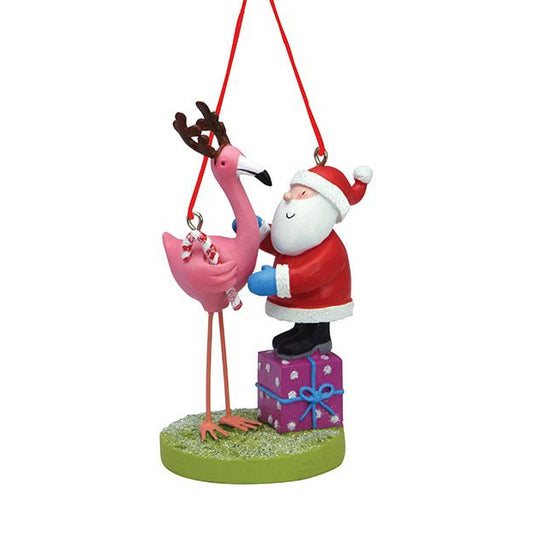 Santa with Reindeer Pink Flamingo Ornament 877-73