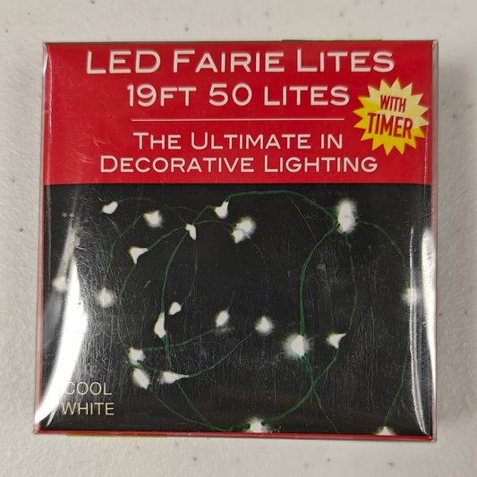 Cool White LED Lighted Fairy Lights (w/Timer), 19ft 50 Lights BAT0315CW