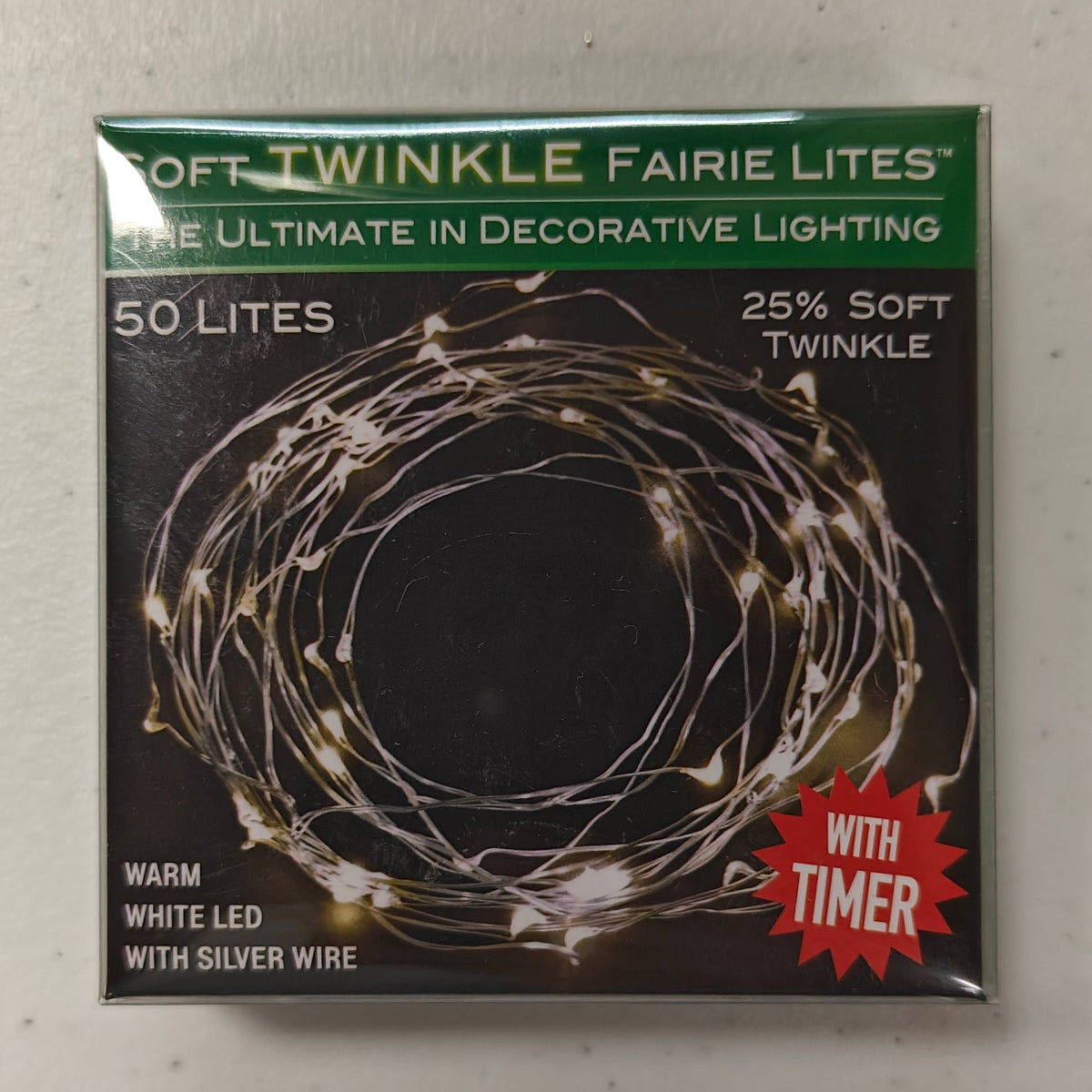 Soft Twinkle LED Lighted Fairy Lights (25% Soft Twinkle), 19ft 50 Lights w/Timer BAT0324WW