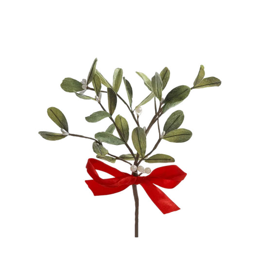 Flexible Wire Christmas Mistletoe Pick with Red Bow, 10" C3790