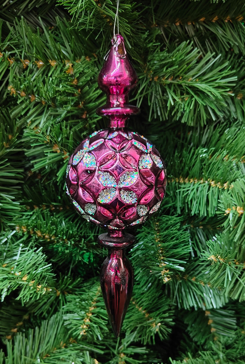 9.5" Purple Metallic Finial w/ball Floral Glitter Design Ornament MTX37965