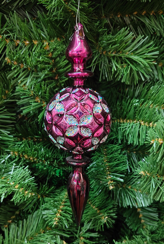 9.5" Purple Metallic Finial w/ball Floral Glitter Design Ornament MTX37965
