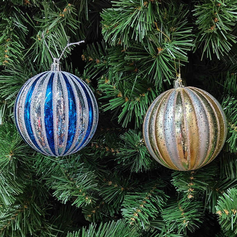 5" Blue & Gold Plastic Glitter Stripped Ball Ornament MTX50602