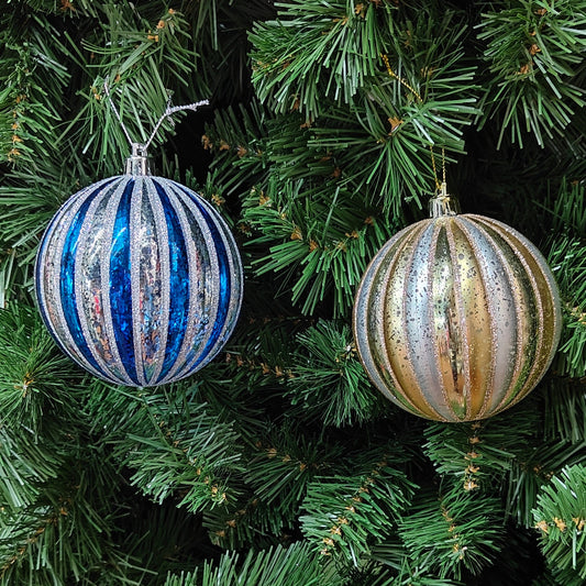 5" Blue & Gold Plastic Glitter Stripped Ball Ornament MTX50602
