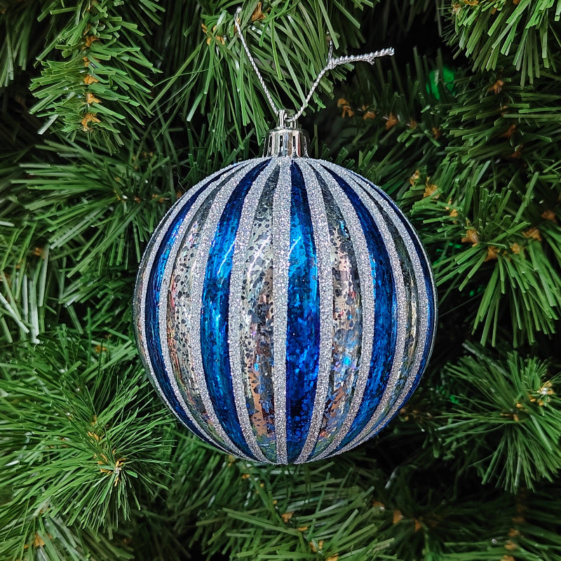 5" Blue & Gold Plastic Glitter Stripped Ball Ornament MTX50602