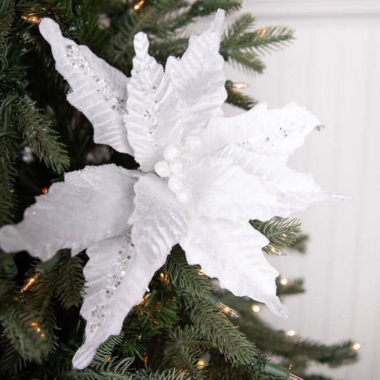 Regency 12" Glitter Edge Velvet Poinsettia Stem: White - MTX56555