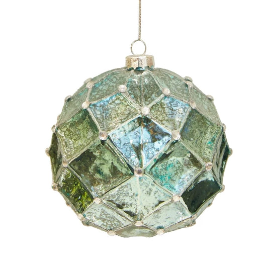 4" Glass Green Polygon Ball w/Glitter Outline Ornament SD67074