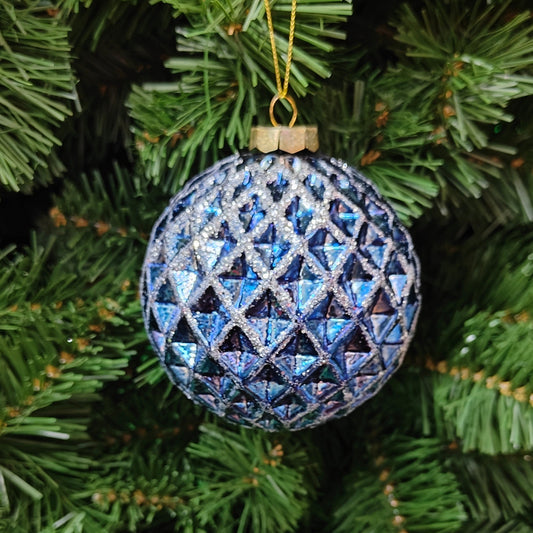 4" Blue Glass Glitter  Diamond Design Ball Ornament SD67255