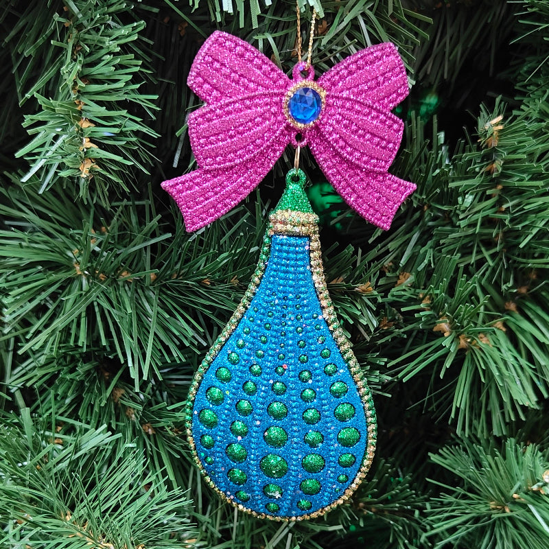 7" Peacock FInial and Teardrop Glitter & Jewel Ornament T2888