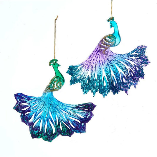 6" Acrylic Blue, Green & Purple Peacock Glitter Ornament T3110