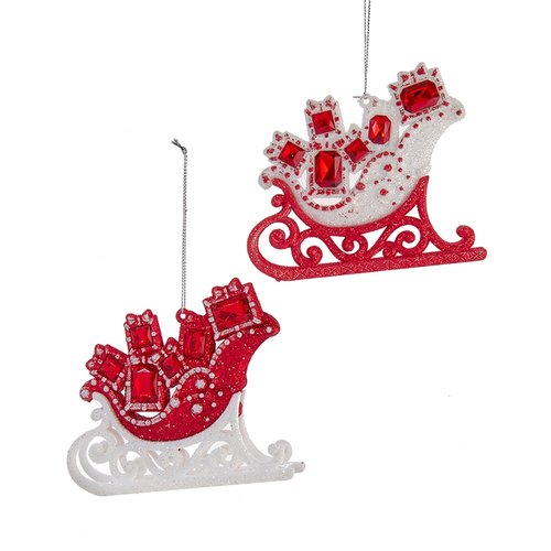 4" Red & White Glitter & Jeweled Sleigh Ornament T3124