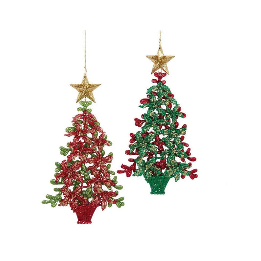 Two Sided Green & Red Glitter Tree w/Star Ornaments T3223