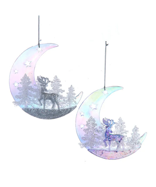 5" Acrylic Crescent Moon Glitter Deer Ornament T3615