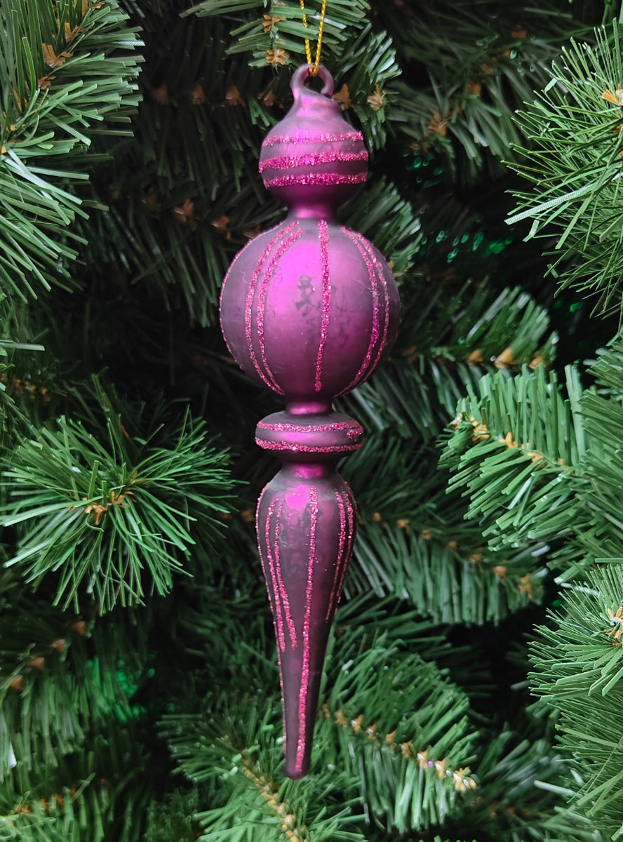 9" Purple Glass Pin Stripe Glitter Finial Ornament XO1047