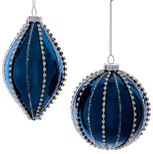Ball & Finial Glass Metallic Blue Jeweled and Clear Striped Ornament D4349