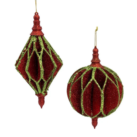 Red & Light Green Glittered Ball Ornaments With Finial Top & Bottom D4591