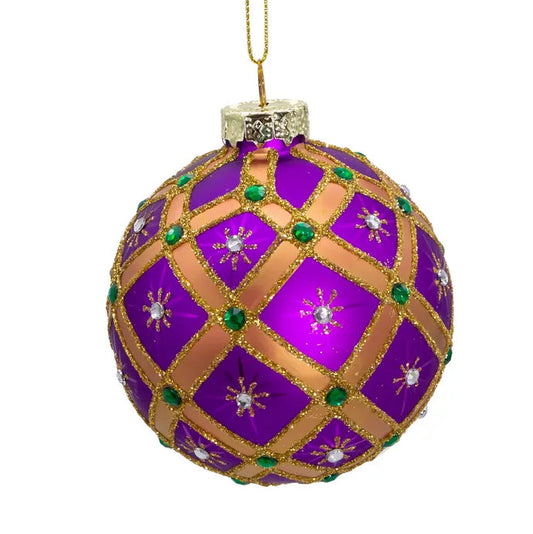 4" Purple & Gold Glass Glitter & Jeweled Ball Ornament GG1044