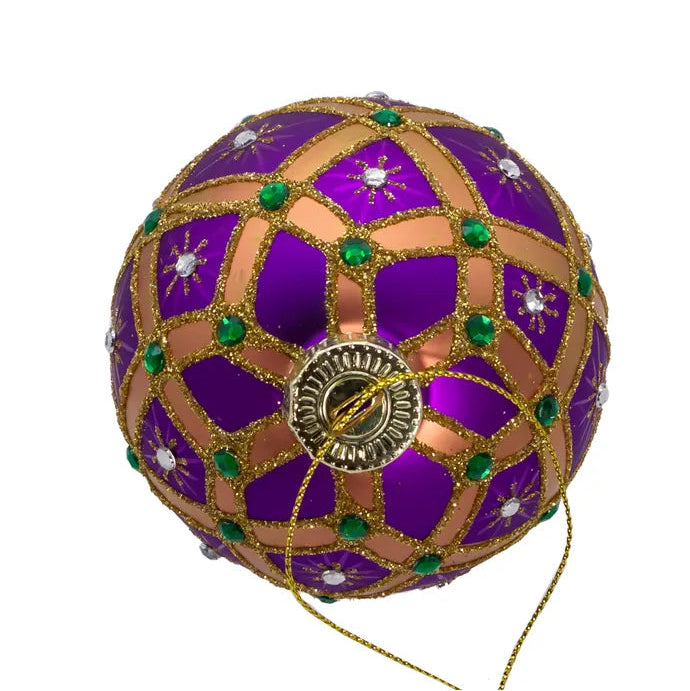 4" Purple & Gold Glass Glitter & Jeweled Ball Ornament GG1044