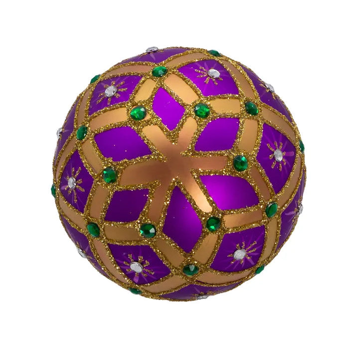 4" Purple & Gold Glass Glitter & Jeweled Ball Ornament GG1044