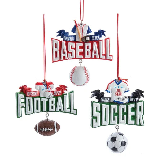 3 Sports Ornaments, Baseball, Football & Soccer J8563
