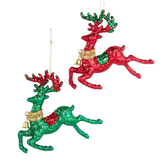 Red & Green Glitter Reindeer w/Bell Ornaments T3224
