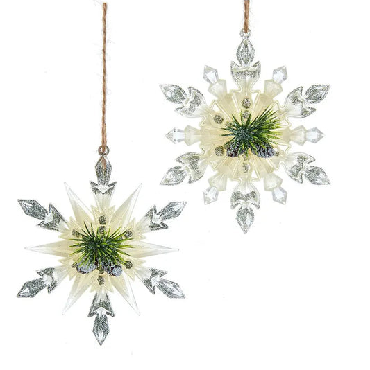 5" Ivory, Clear and Green Snowflake w/Pinecone Ornaments T3255
