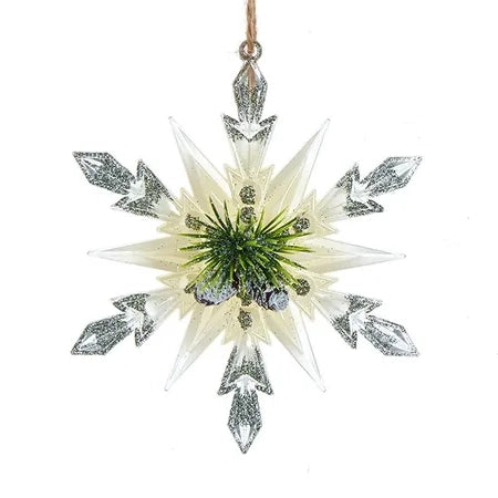 5" Ivory, Clear and Green Snowflake w/Pinecone Ornaments T3255