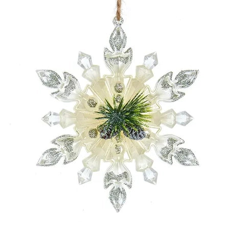 5" Ivory, Clear and Green Snowflake w/Pinecone Ornaments T3255