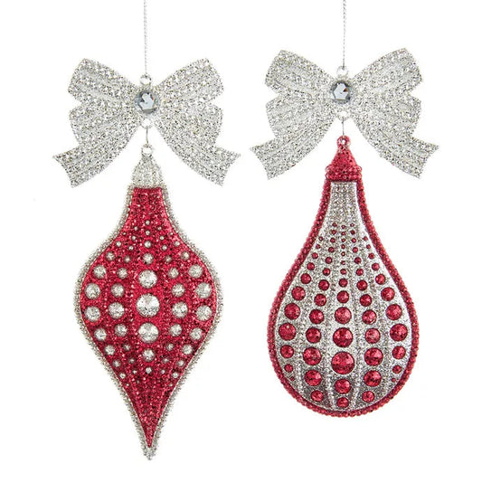 6" Red & Silver Finial & Teardrop w/ Jewel & Glitter Ornament T3262