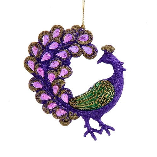 5"-7" Purple & Green Glitter Peacock With Jeweled Tail Ornaments T3461
