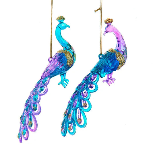 6" Acrylic Iridescent Purple & Blue Peacock with Glitter Ornaments T3462