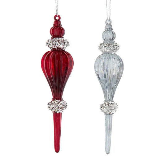7" Red & Silver With Silver Glitter Finial Ornaments T3598