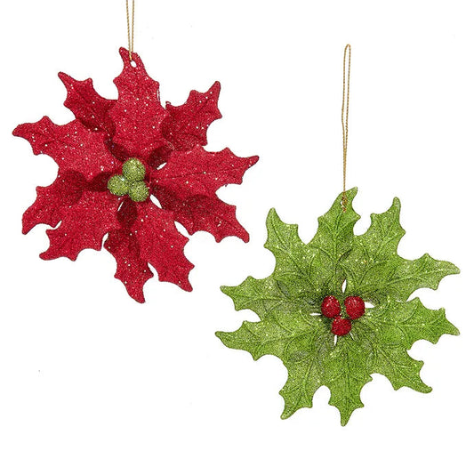 Red & Green Glittered Holly Leaf Ornaments T3636