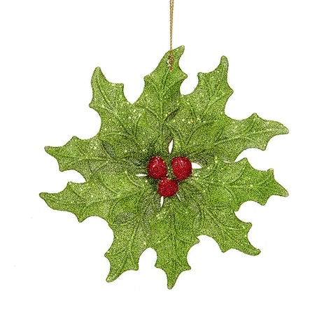 Red & Green Glittered Holly Leaf Ornaments T3636