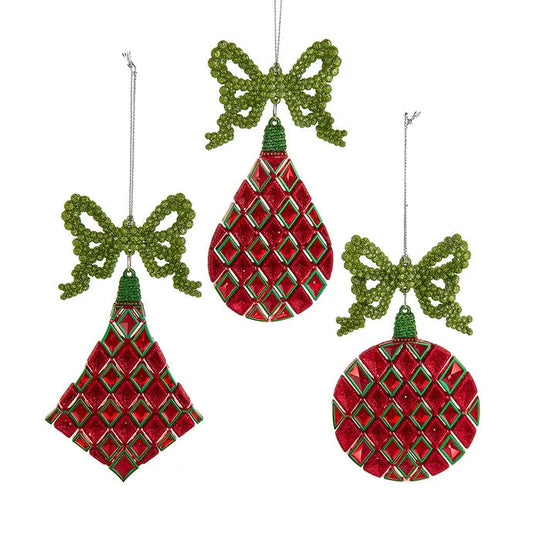 Red & Green Ball, Diamond & Tear Drop Glitter Ornaments T3638