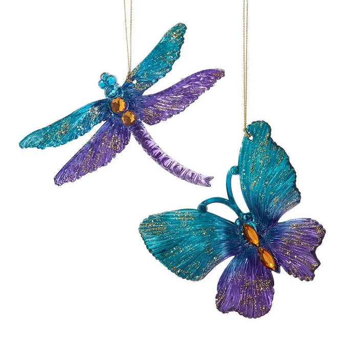 Blue & Purple Butterfly & Dragonfly Jeweled & Glitter Ornaments T3656