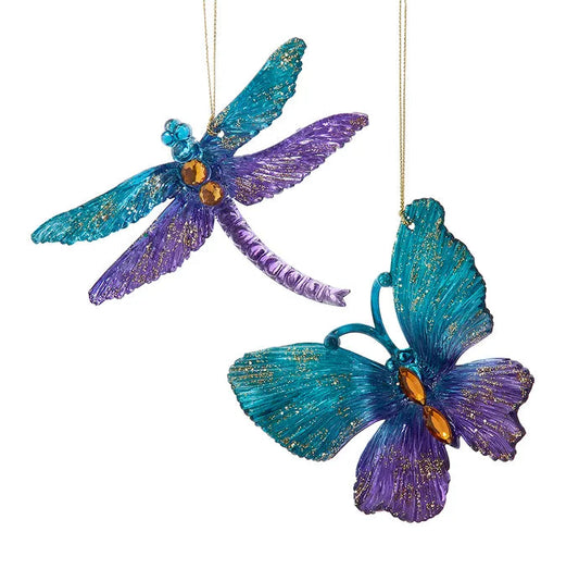 Blue & Purple Butterfly & Dragonfly Jeweled & Glitter Ornaments T3656