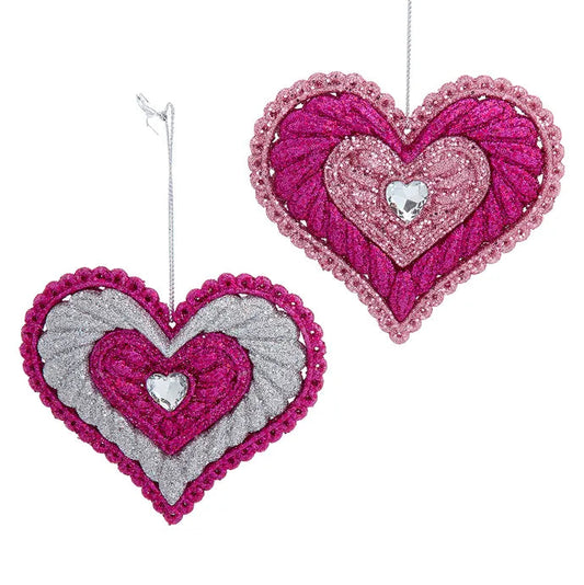 3" Pink & Silver Acrylic Glitter Heart Ornaments T3689